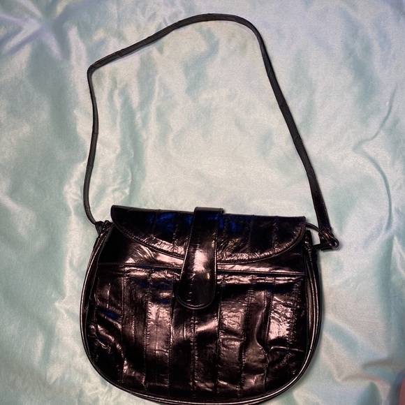 Vintage 80s Black Patent Leather Eel Skin Leather Purse made in Korea - Picture 6 of 7